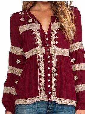 Free People Iris Embroidered Lace Peasant Top Cranberry Size Large Boho
